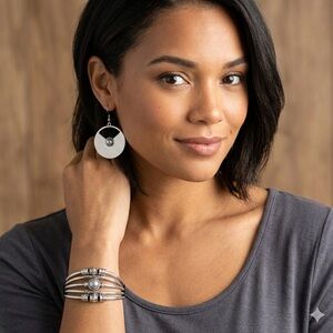 Paparazzi Silver Black Matching Jewelry Set Geometric Disc Earrings Bracelet NWT